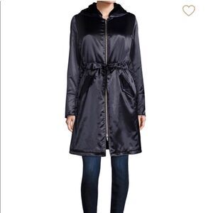 Jane Post $795 Faux Fur Lined Hooded Parka jacket Navy Womens Large NWT